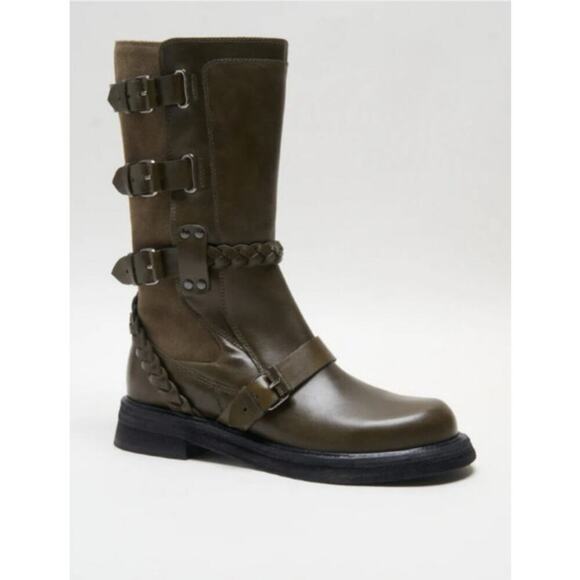 Free People Women's Billie Buckle Boots Leather Olive Green Size 8.5 NWB - Picture 2 of 10